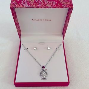 176. Charter Club Rhinestone Penguin Pendant necklace/stud earrings gift set